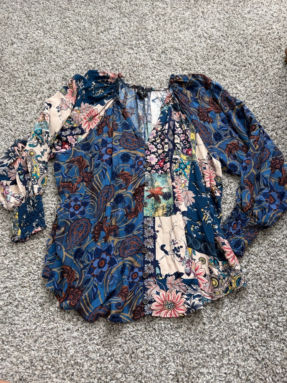 GiGio USA Boho Patchwork Floral Paisley Button Front Blouse - Picture 3 of 6